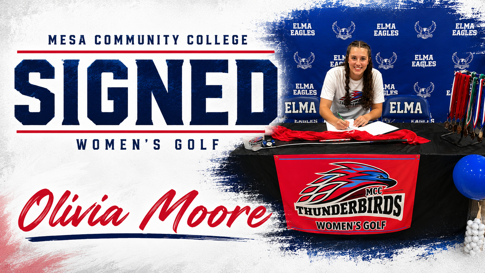 A signing graphic featuring Olivia Moore after signing with Mesa Community College Women's Golf. The design uses a white textured background with red and blue accents. Large blue text reading 