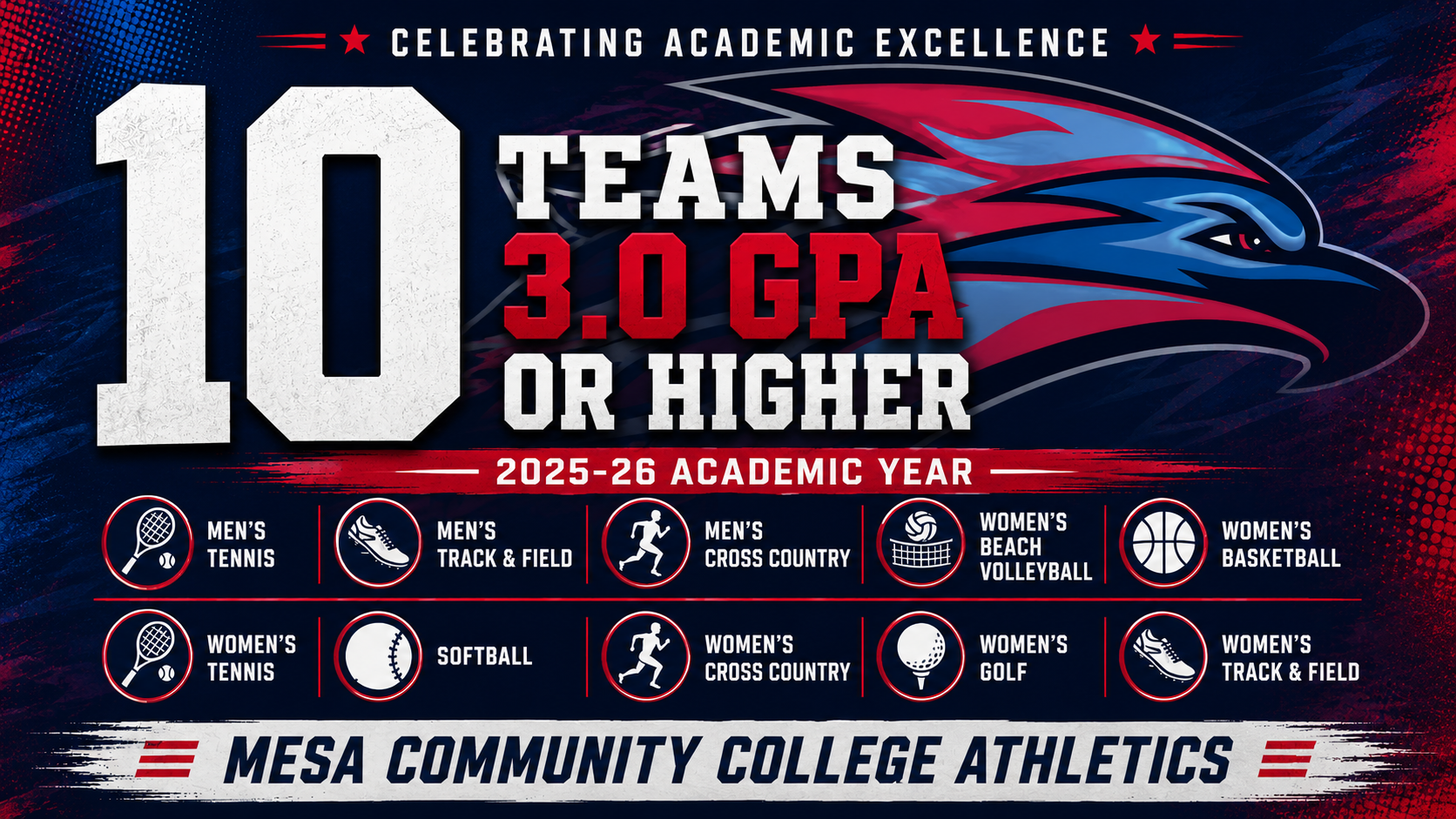 
Graphic celebrating academic excellence at Mesa Community College Athletics. Large text reads 