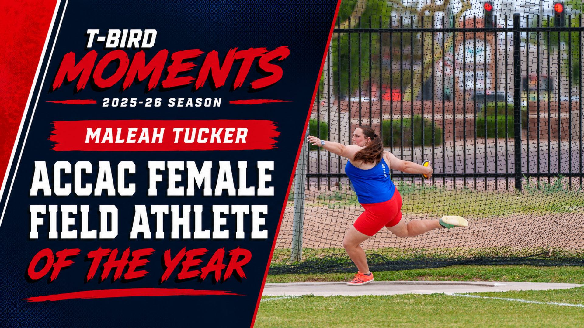 Graphic  celebrating Maleah Tucker as the 2025-26 ACCAC Female Field Athlete of the Year. The left side features a navy and red 