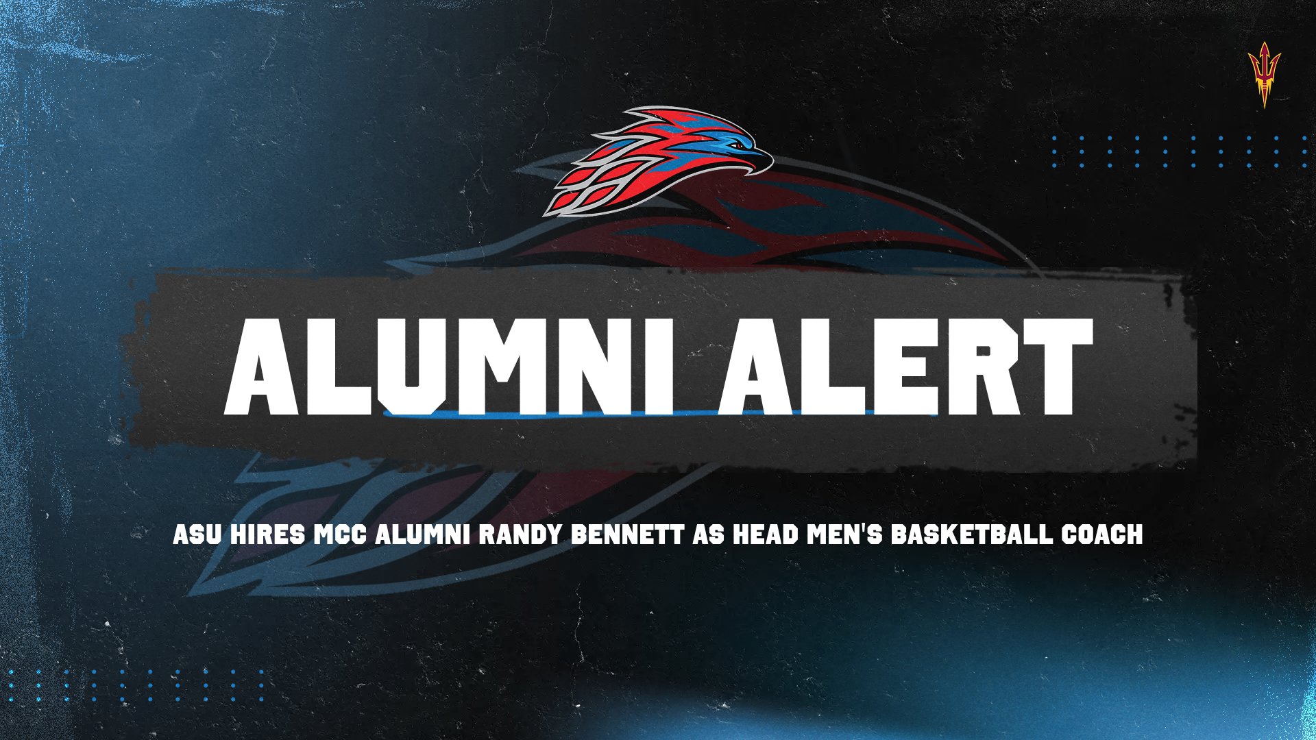 A picture of the MCC Alumni Alert with text below stating that ASU is hiring MCC Alumni Randy Bennett as new head men's basketball coach
