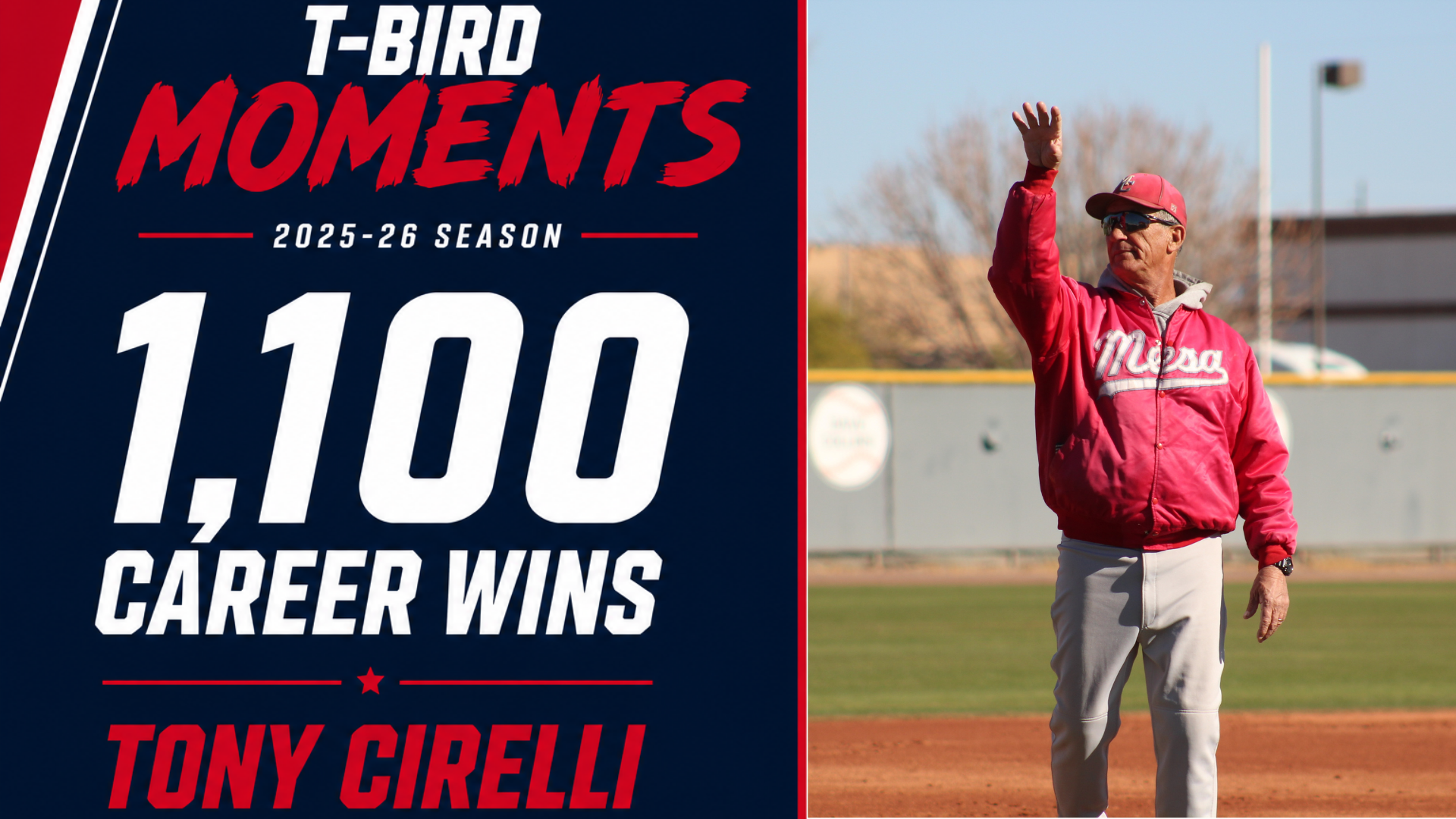 Mesa Community College head baseball coach Tony Cirelli acknowledges the crowd on the field as a T-Bird Moments graphic celebrates his milestone of 1,100 career coaching wins during the 2025-26 season.