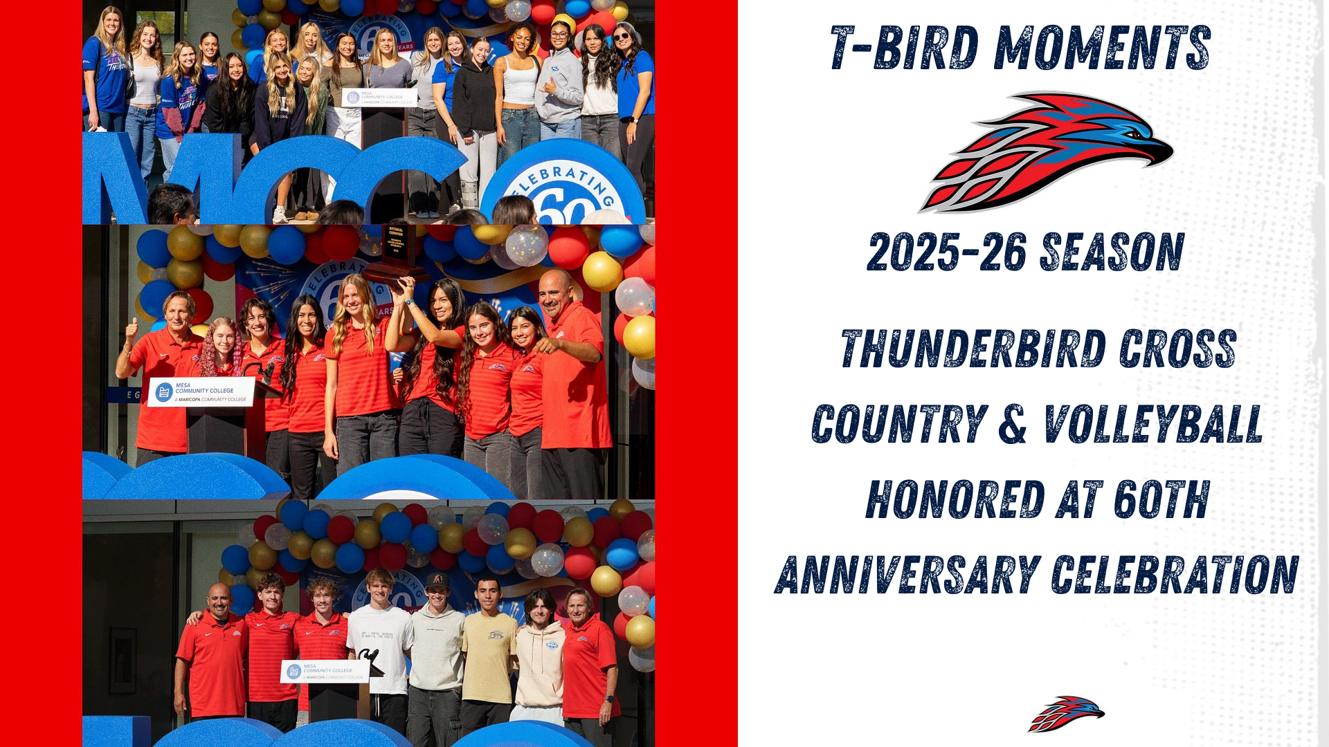 T-Bird Moments graphic highlighting Mesa Community College cross country and volleyball teams being recognized during the college's 60th Anniversary Celebration. The graphic features three event photos of student-athletes and coaches posing on stage with awards beneath celebratory balloons, alongside T-Bird Moments branding and the Thunderbird logo.
