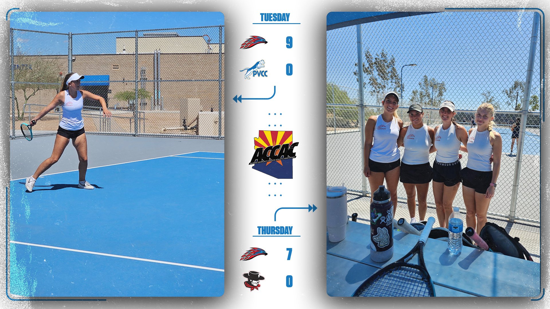 Left image: A Mesa Community College women’s tennis player prepares to hit a forehand on an outdoor court, wearing a white top and black skirt, with a chain-link fence and campus buildings in the background.

Right image: Four Mesa Community College women’s tennis players stand together smiling near the court fence, with tennis rackets and water bottles resting on a table in the foreground.

Graphic center: Match results show Mesa defeating Paradise Valley 9-0 on Tuesday and 7-0 on Thursday in ACCAC play.

