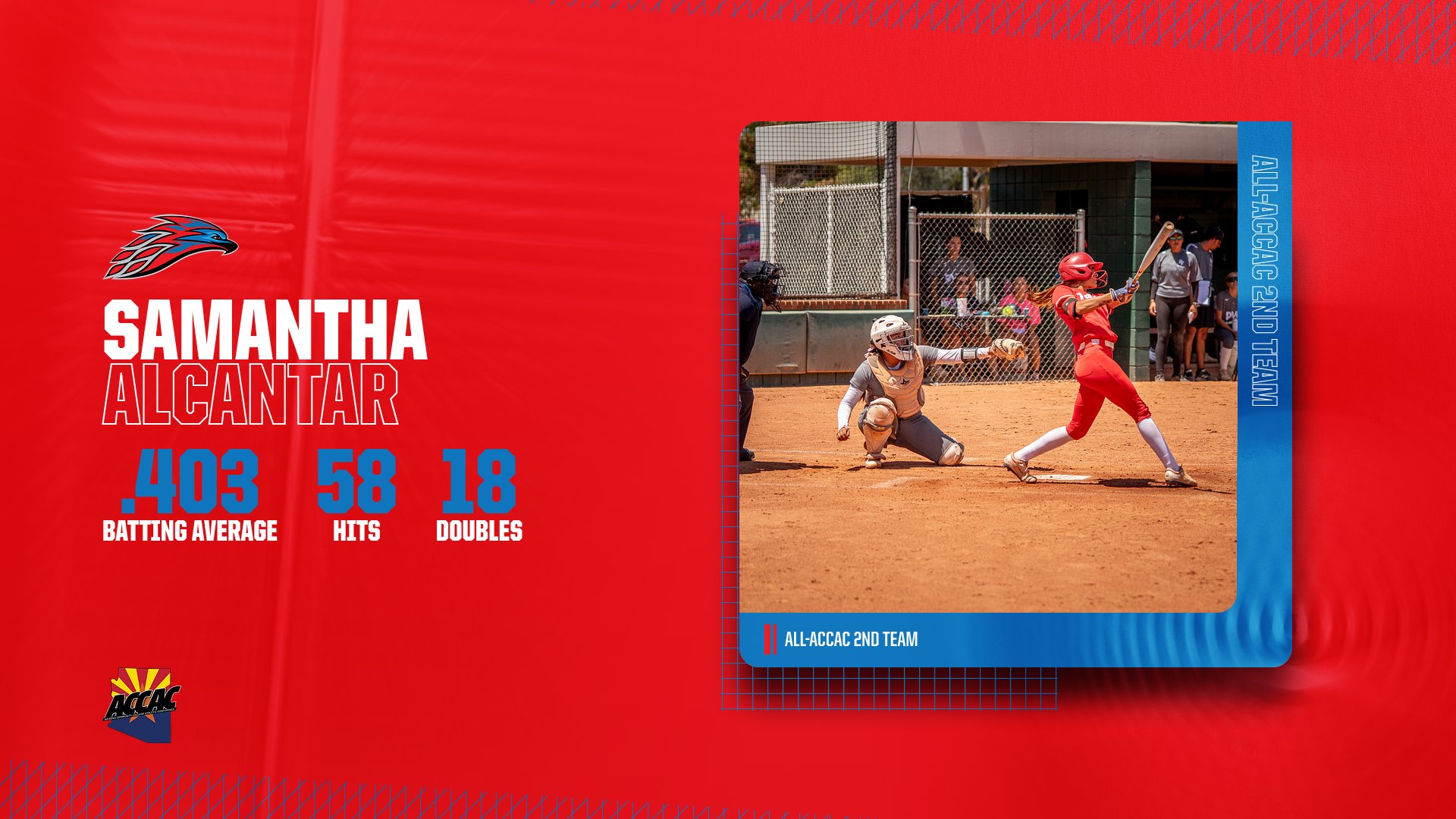 A photo of a softball played in a red jersey with a catcher in grey. The player in red is swinging in bat on a softball field. Text on the left side.