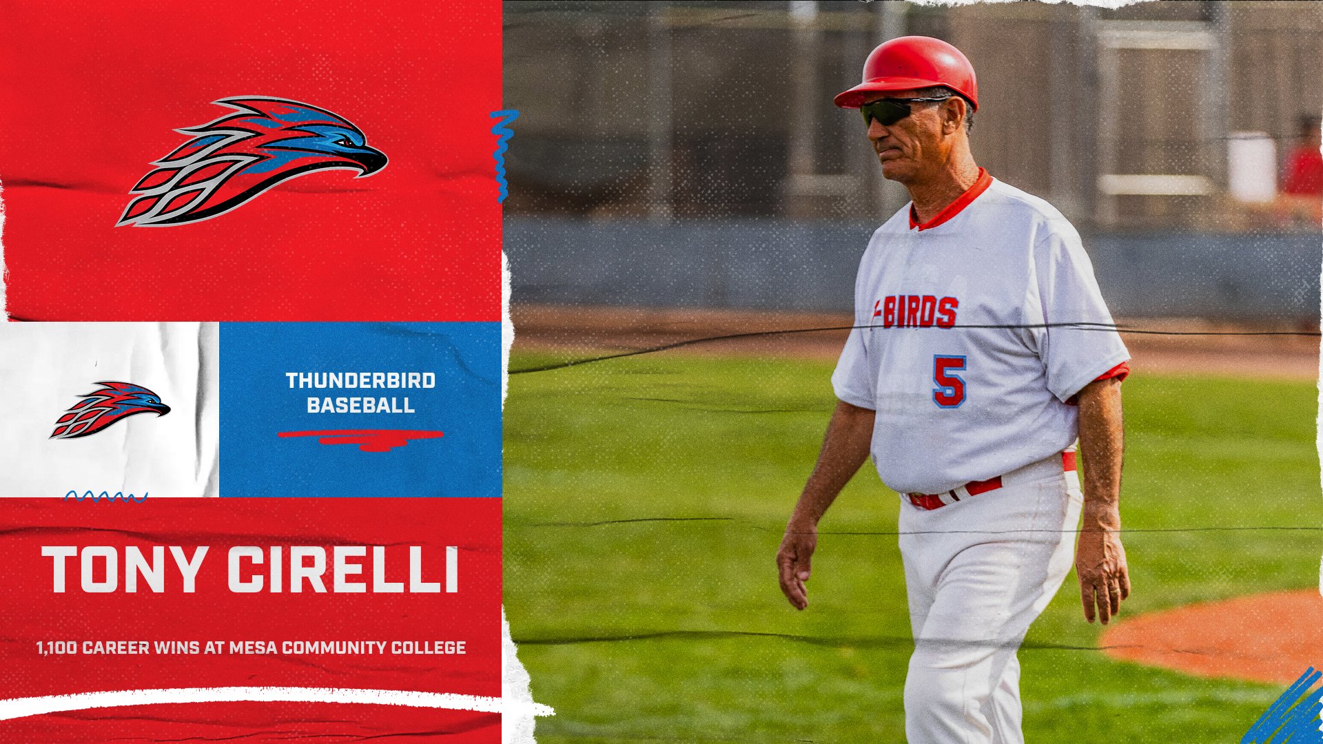 A photo of head coach Tony Cirelli walking with caption of him winning 1,100 games at MCC