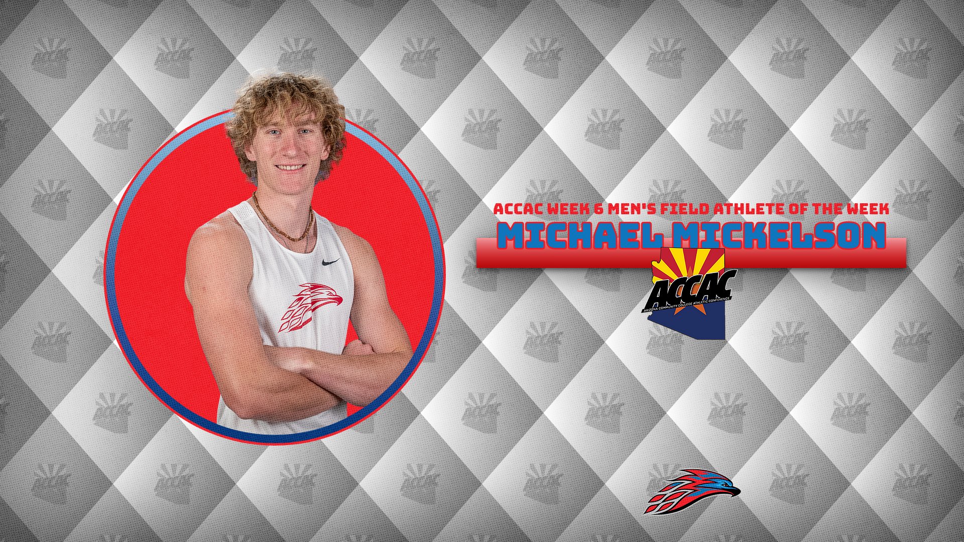A photo of Michael Mickelson with the graphic of him earning the ACCAC Week 6 Men's Field Athlete of the Week award.