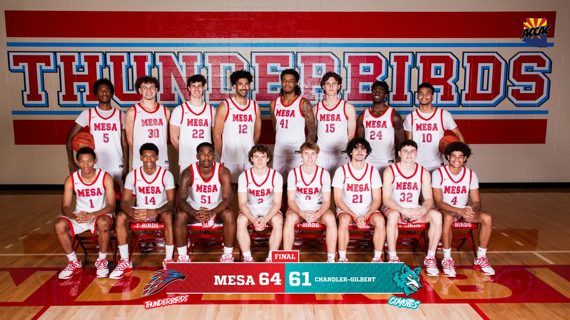 A photo of the MCC Men's Basketball team with the score graphic of the T-Birds win over CGCC, 64-61.