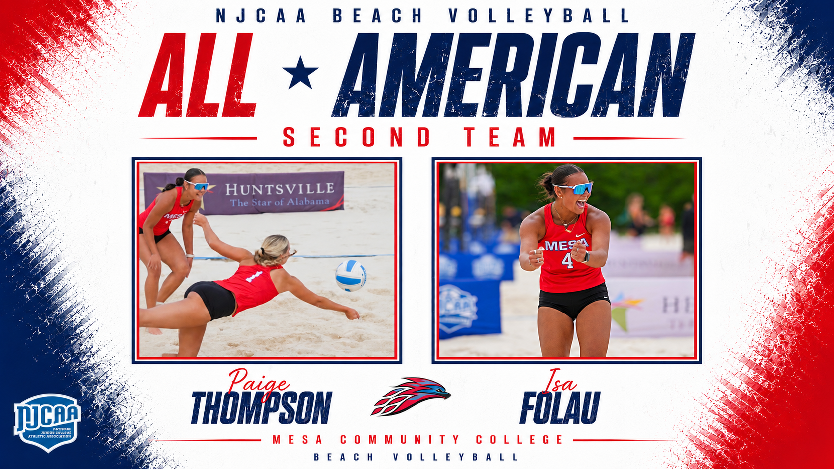 Graphic celebrating Mesa Community College beach volleyball players Paige Thompson and Isa Folau for earning NJCAA Beach Volleyball All-American Second Team honors. The graphic features action photos of both athletes competing on a sand volleyball court in red Mesa uniforms with patriotic red, white, and blue design elements, NJCAA logos, and Mesa Community College Beach Volleyball branding.
