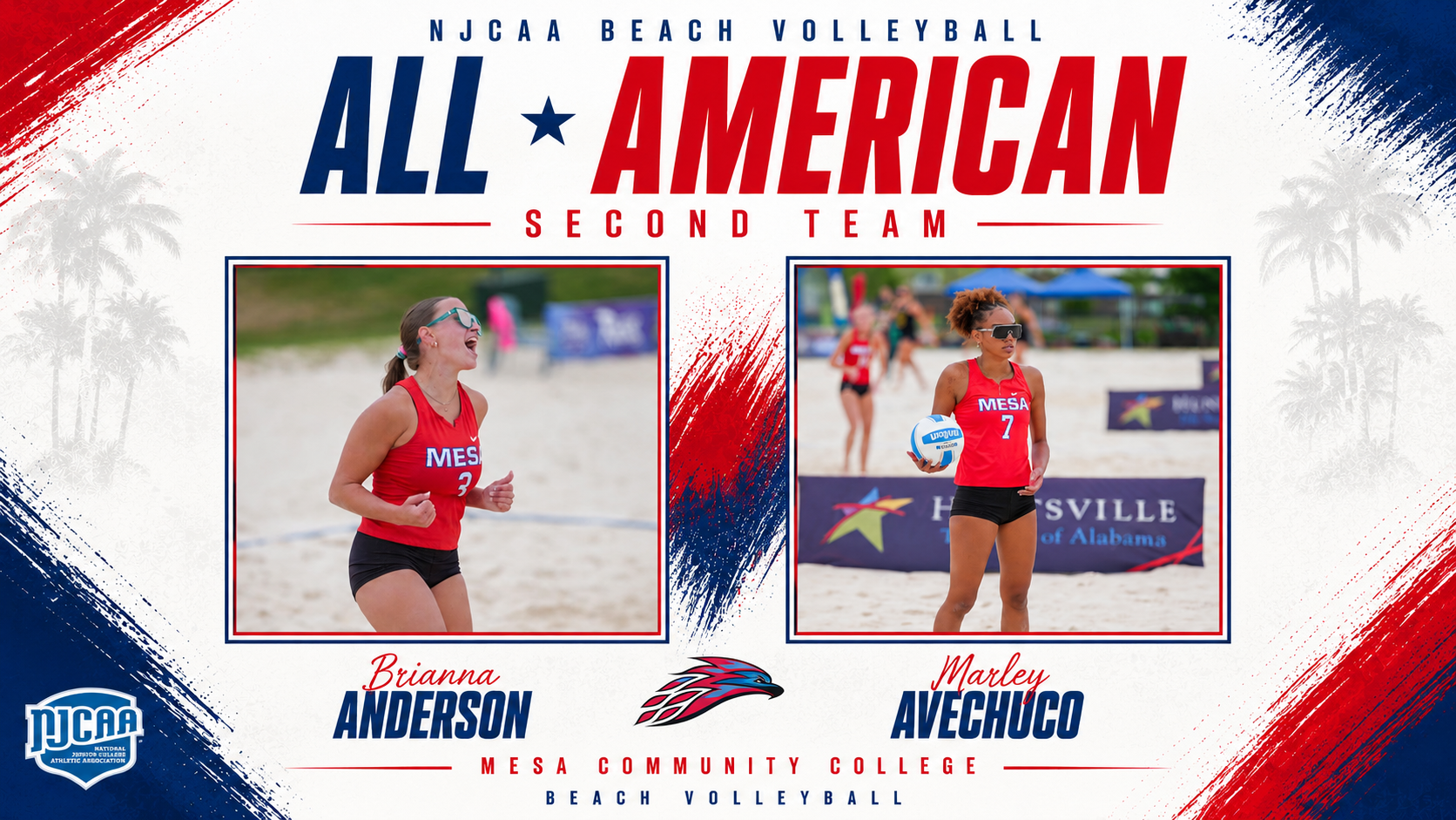 Graphic celebrating Mesa Community College beach volleyball players Brianna Anderson and Marley Avechuco for earning NJCAA Beach Volleyball All-American Second Team honors. The graphic features action photos of both athletes in red Mesa uniforms on a sand volleyball court with patriotic red, white, and blue design elements, NJCAA logos, and Mesa Community College Beach Volleyball branding.
