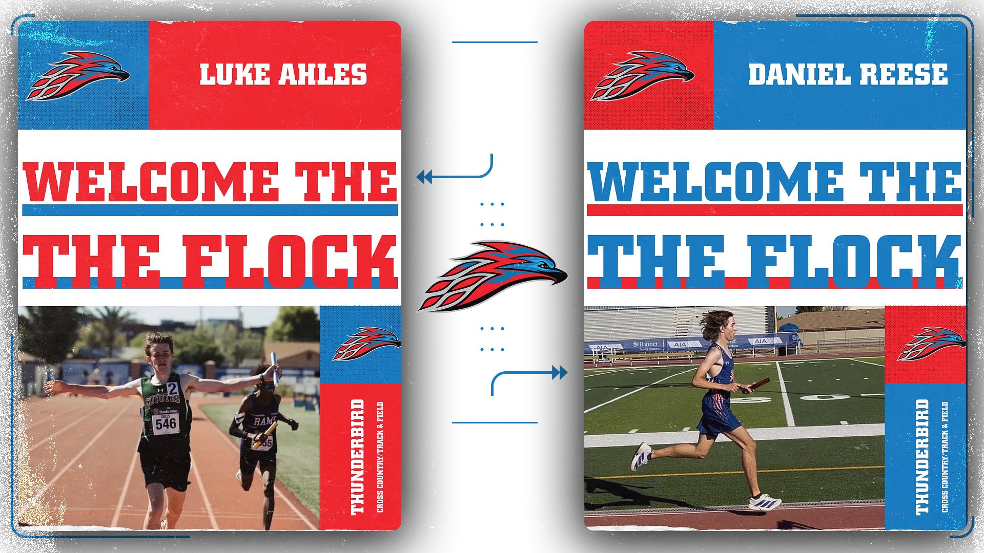 Two side-by-side recruitment graphics for Mesa Community College Cross Country/Track & Field. Left features Luke Ahles crossing a finish line with baton, labeled “Welcome to the Flock.” Right shows Daniel Reese running on a track with the same headline. Thunderbird logos and red/blue team branding throughout.
