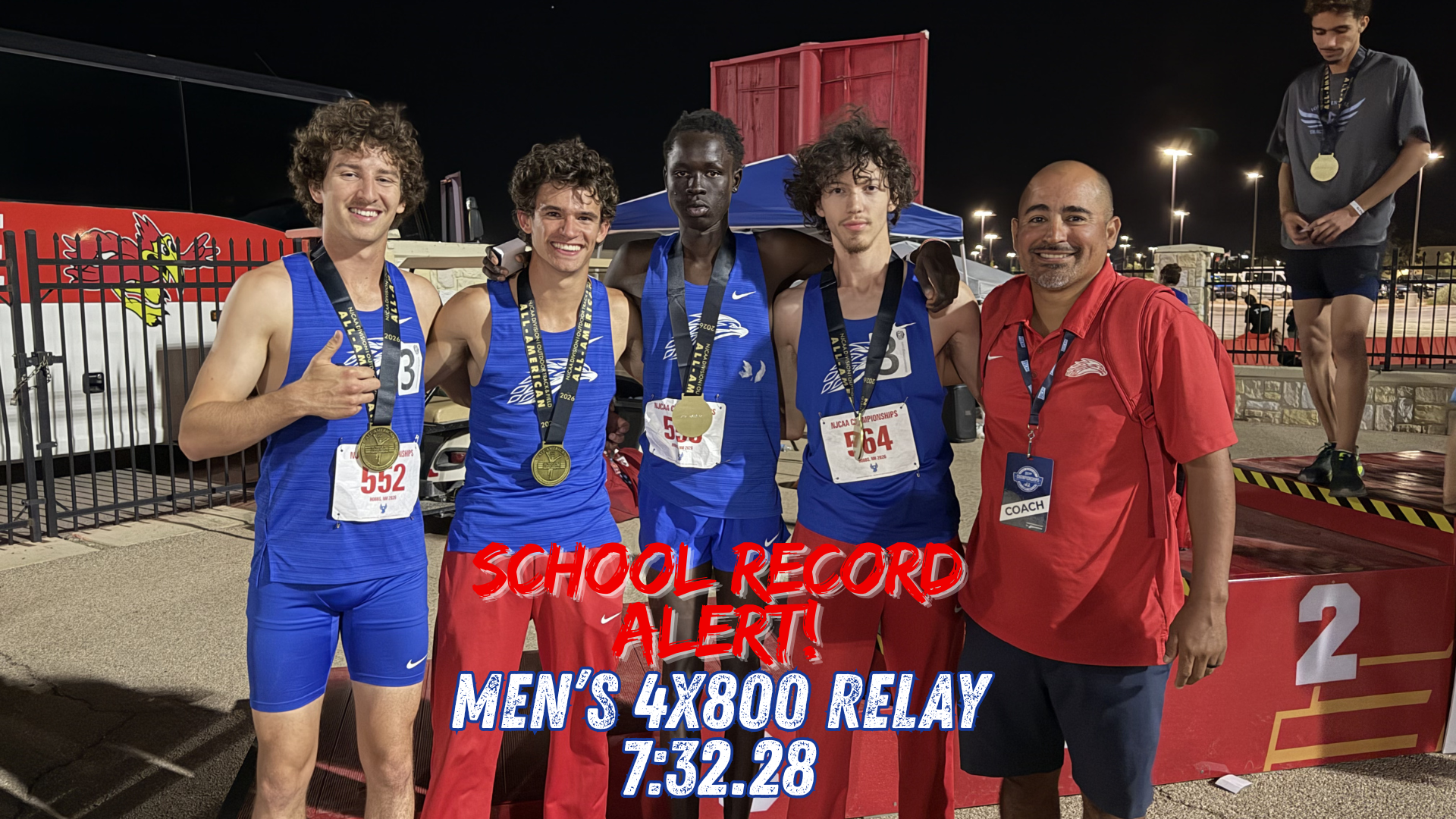A group of five Mesa Community College men’s track and field members pose together at night following the NJCAA Outdoor Track & Field Championships. Four student-athletes wearing blue Thunderbird uniforms and medals stand alongside a coach in a red polo shirt. Text on the graphic reads “School Record Alert!” and “Men’s 4x800 Relay 7:32.28.” The relay team of Deng Majak, Michael Valenzuela, Josef Iker and Corbin Pyle set a new school record and earned NJCAA All-American honors with a sixth-place finish.

