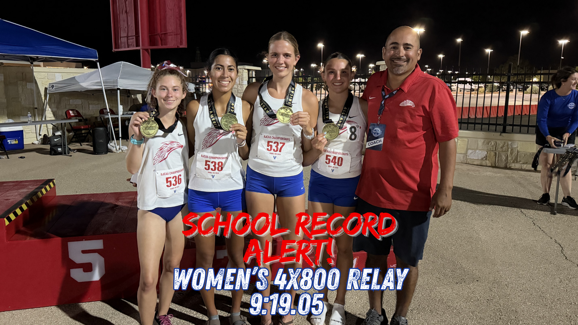 Four Mesa Community College women’s track and field student-athletes stand together with their coach at night following the NJCAA Outdoor Track & Field Championships. The athletes wear white Thunderbird uniforms, medals around their necks and hold up their All-American medals while posing beside the awards podium. Text on the graphic reads “School Record Alert!” and “Women’s 4x800 Relay 9:19.05.” The relay team of Lucy Melzer, Kinley Jackson, Marley Peay and Katie Munoz placed fifth nationally, earned NJCAA All-American honors and set a new Mesa Community College school record.
