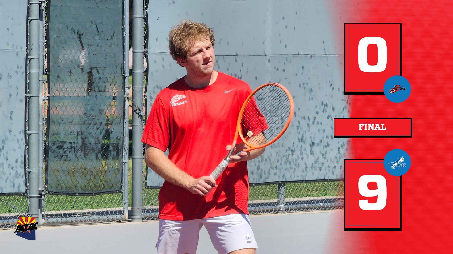 Jack McFarlane of Mesa Community College men’s tennis stands on court holding his racket, wearing a red T-Birds shirt and white shorts, with a final score graphic showing a 9-0 loss to Paradise Valley.
