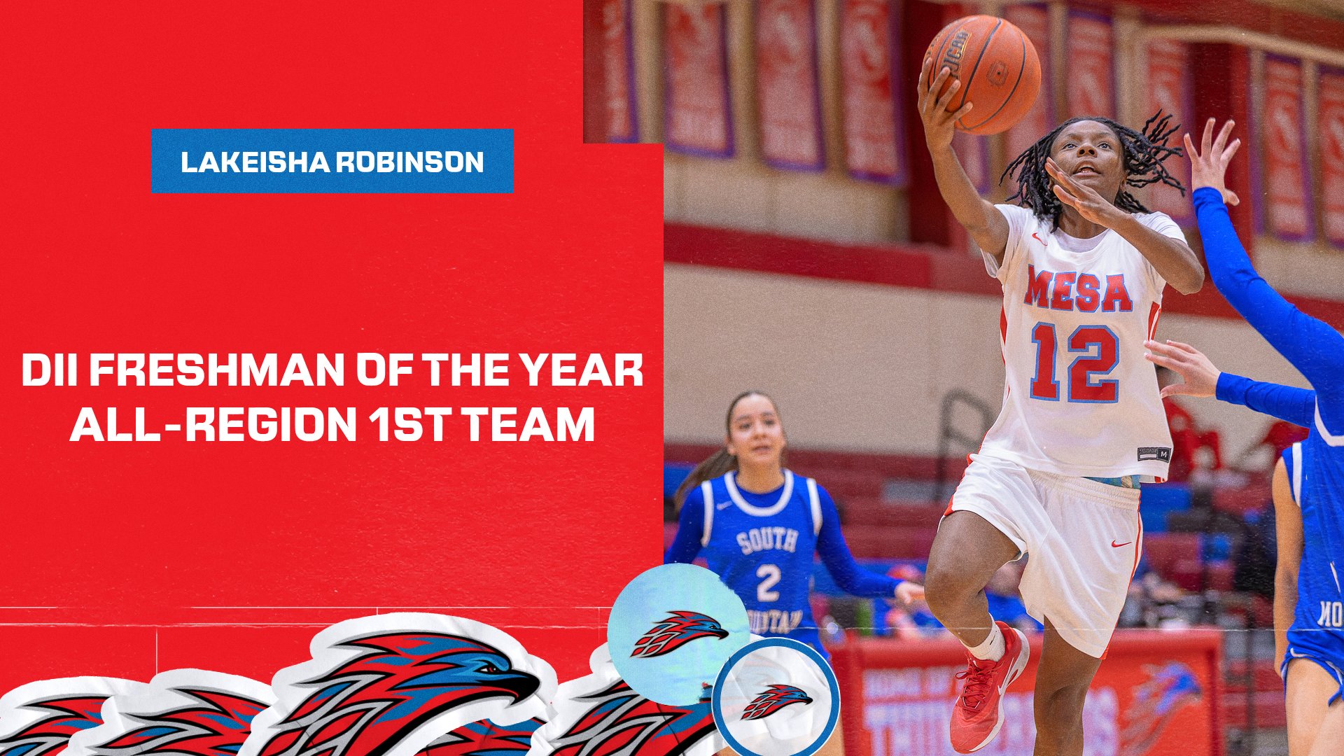 A photo of Lakeisha Robinson with caption of her being named DII Freshman of the Year & to the All-Region 1st Team
