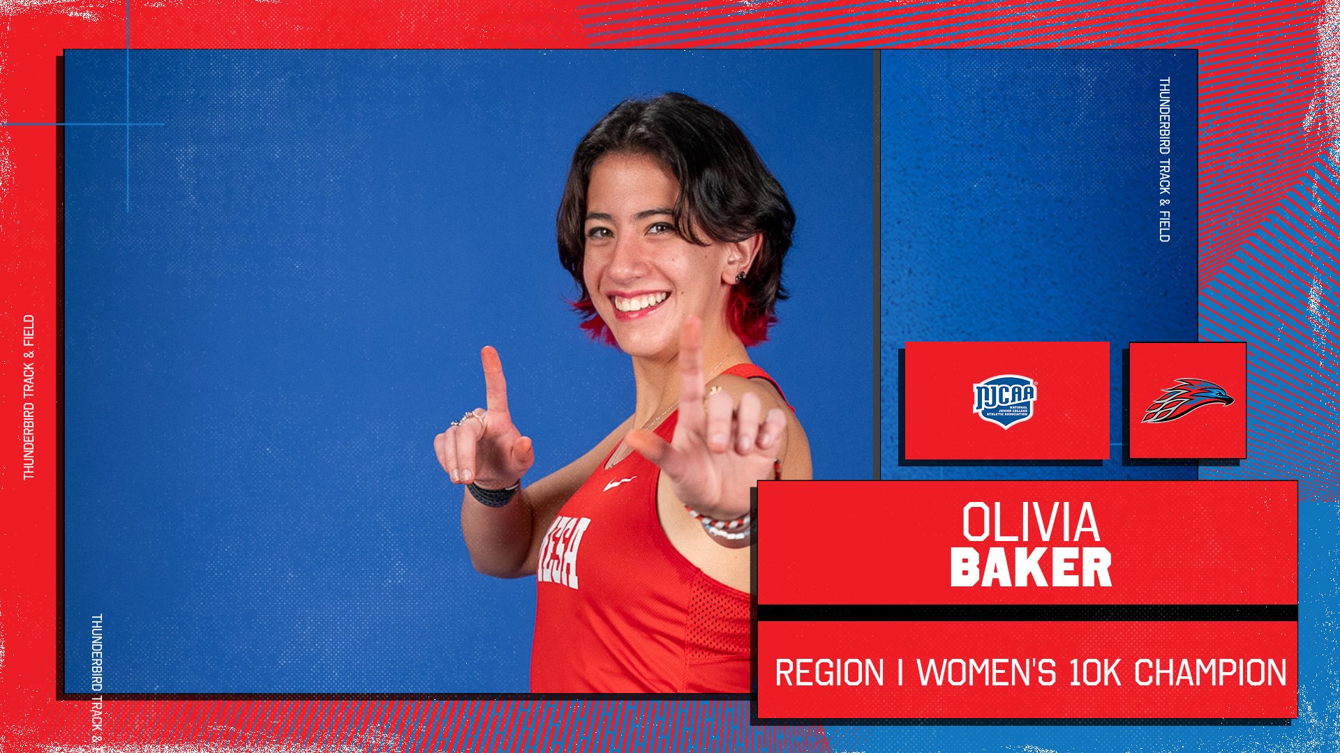 Olivia Baker of Mesa Community College Track & Field poses in a red uniform against a blue background, smiling and holding up one finger on each hand. Graphic text reads “Olivia Baker – Region I Women’s 10K Champion,” with NJCAA and Thunderbird logos displayed.
