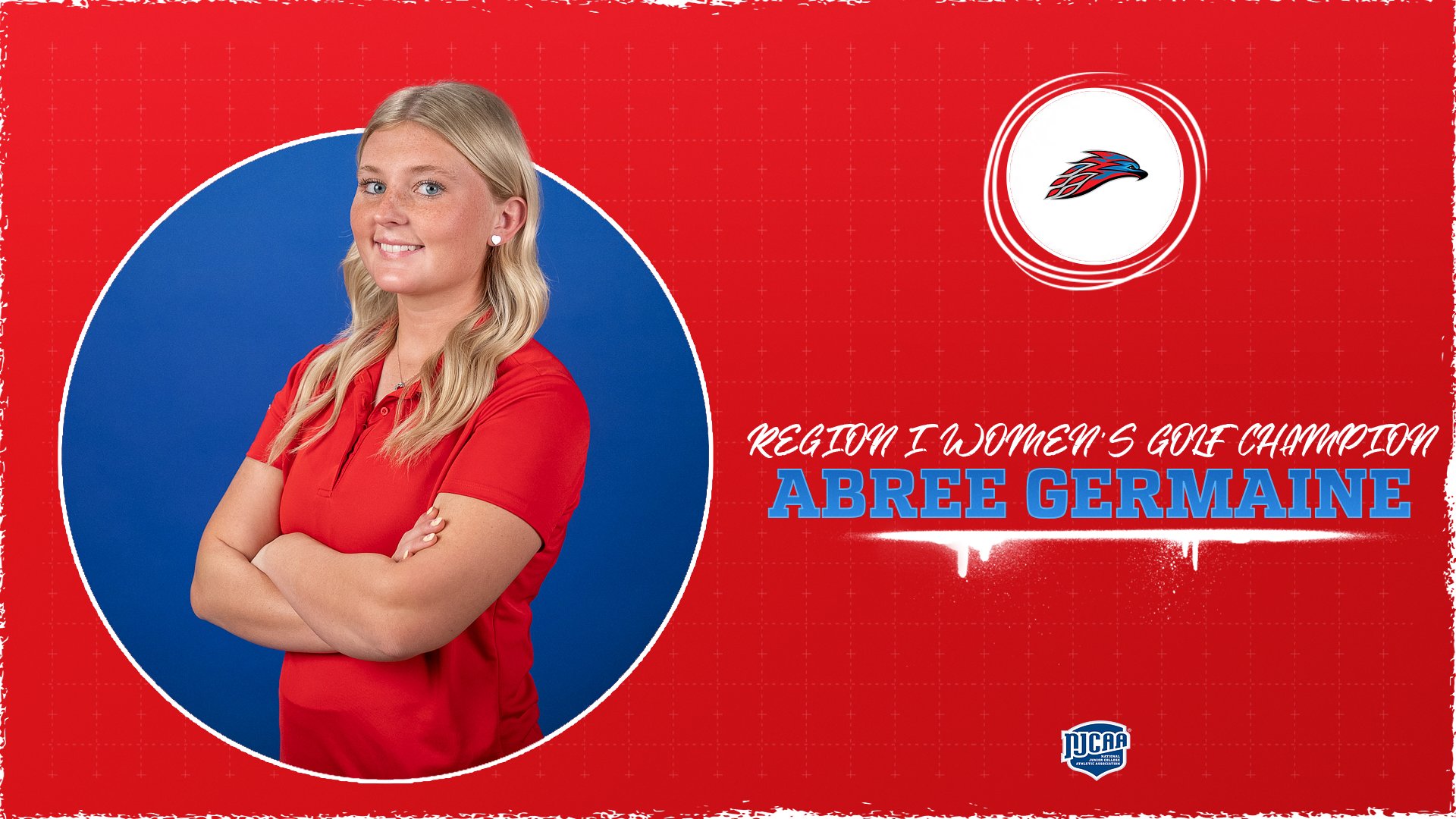 Portrait graphic of Mesa Community College women’s golfer Abree Germaine with text identifying her as the Region I Women’s Golf Champion, featuring MCC branding and NJCAA logo on a red background.

