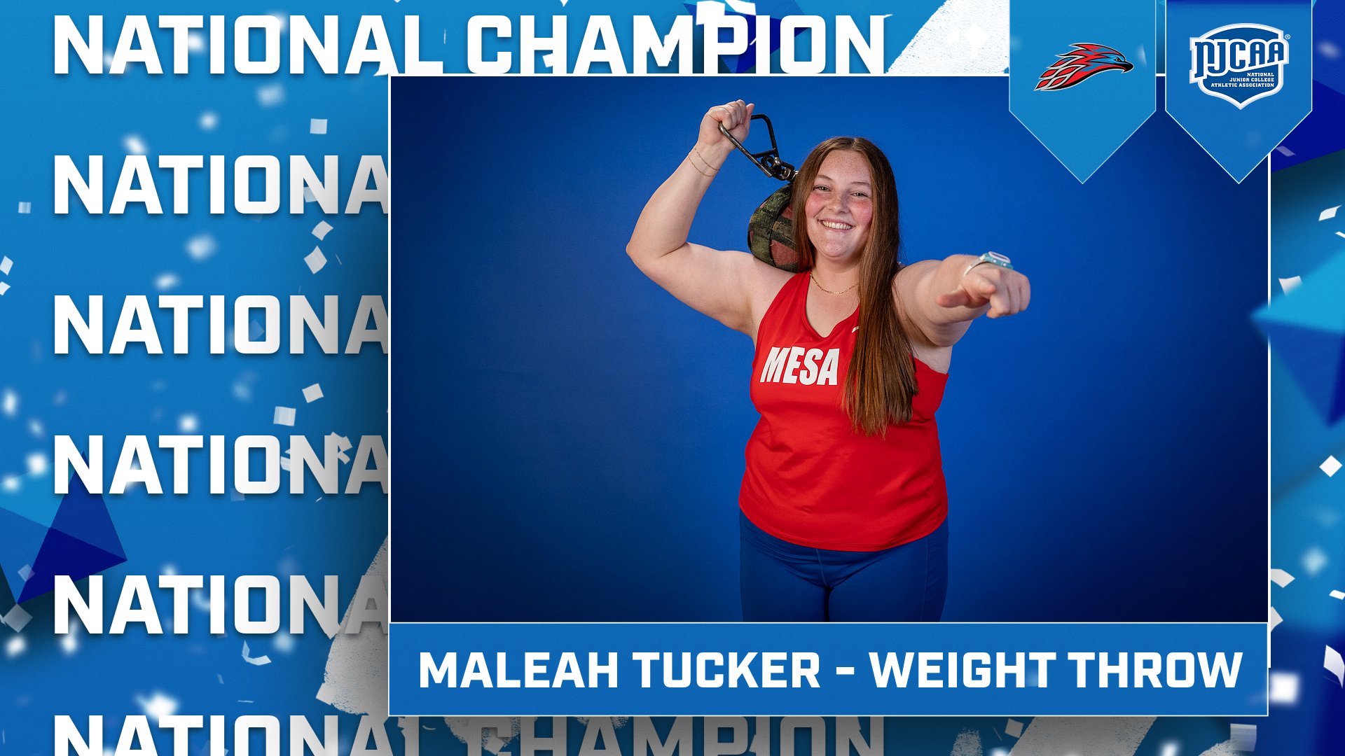 A photo of Maleah Tucker with the caption of her being a National Champion in the Weight Throw